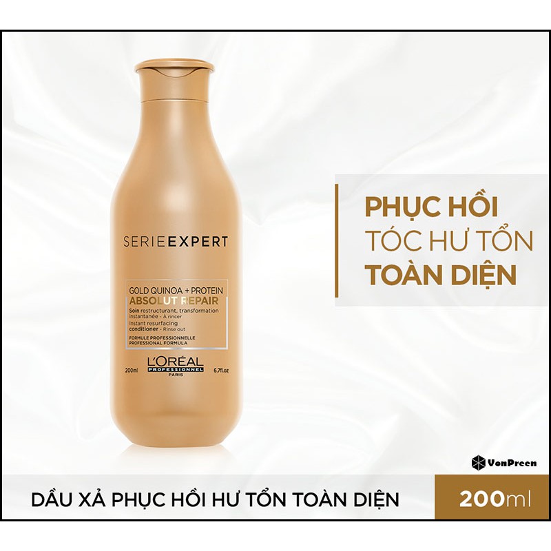 [L'oreal-chính hãng] Dầu xả tóc phục hồi 3 tác động Gold Quinoa+Protein  Absolut Repair Conditioner L'oreal 200ml