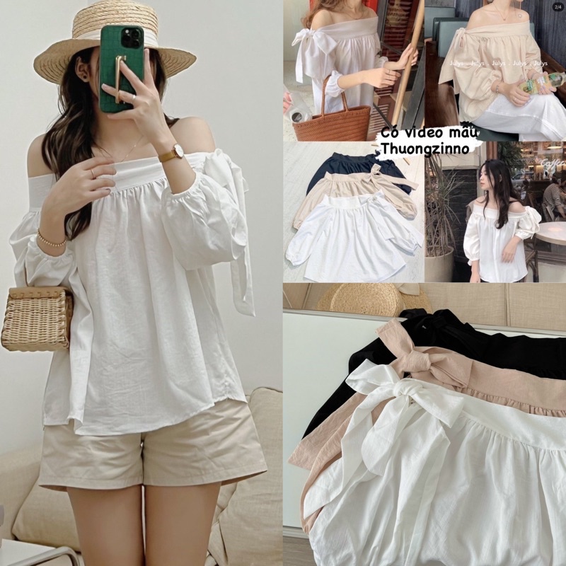 [ẢNH THẬT+VIDEO] Áo Trễ Vai Thắt Nơ Tay Dài Đen/Be/Trắng Khoe Xương Quai Xanh Quyến Gũ