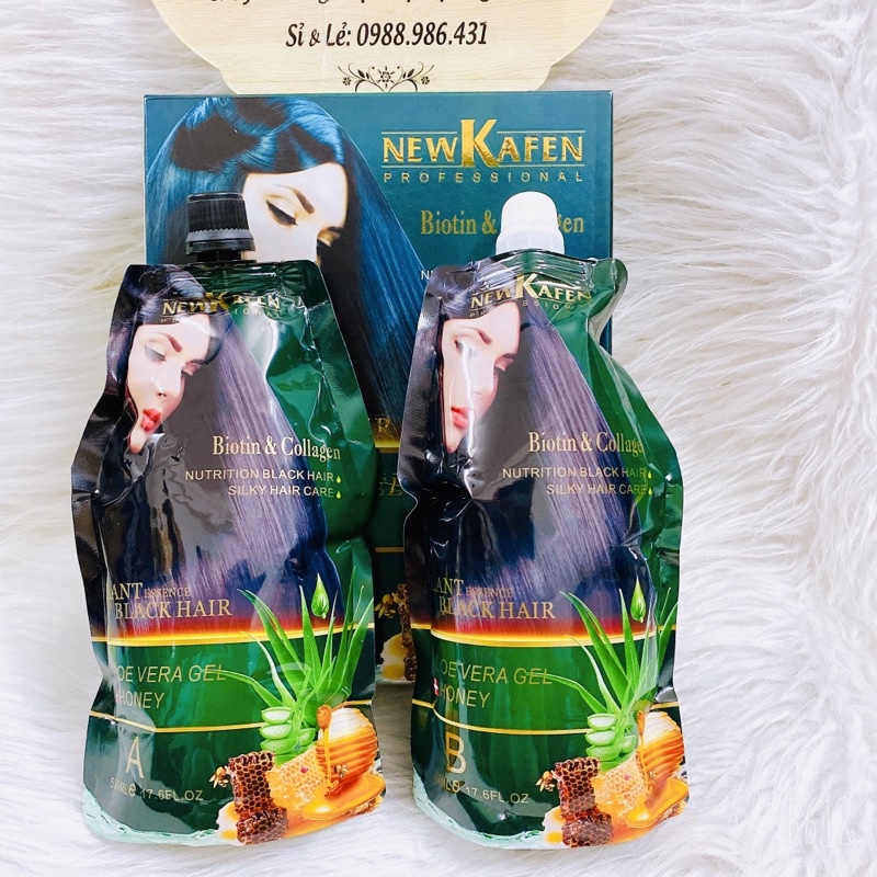 Thuốc Nhuộm Đen Phủ Bạc Biotin & Collagen New Kafen Nha Đam mật Ong 500mlx2