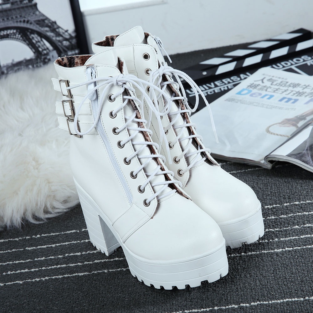 Giày Bốt Da Cao Gót Mũi Tròn Màu Trơn Có Dây Kéo Bên Hông Phong Cách Hàn Quốc Cho Nữ