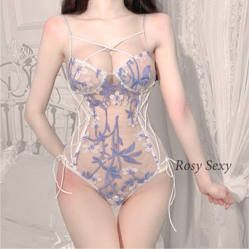 Bộ bodysuit ren xuyên thấu thêu hoa gợi cảm LG237