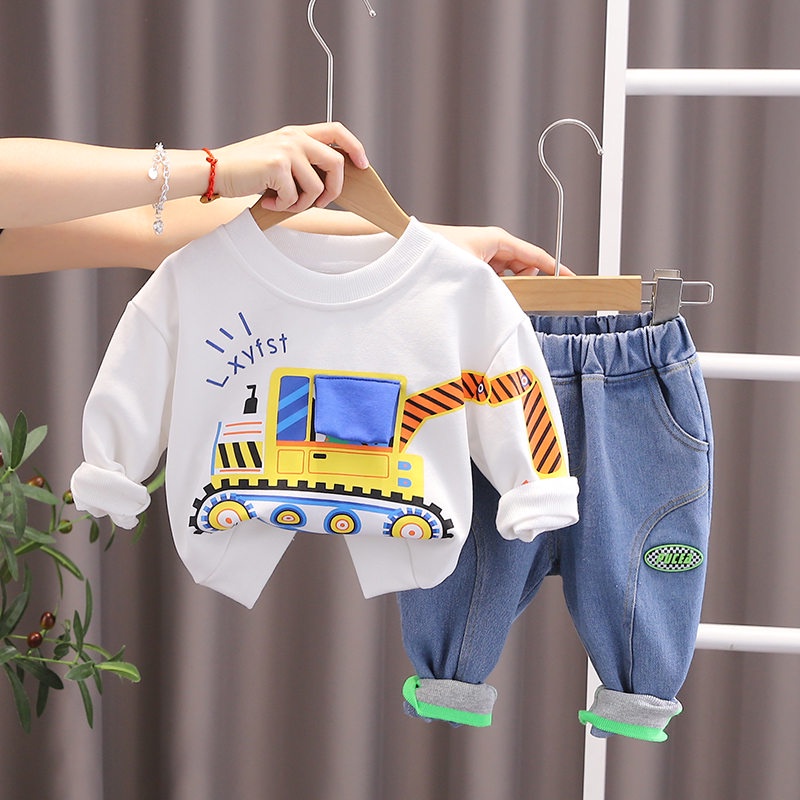 Set Đồ 2 Món Gồm Áo Thun Tay Dài In Họa Tiết Hoạt Hình + Quần Jeans Cho Bé Trai 0-5 Tuổi