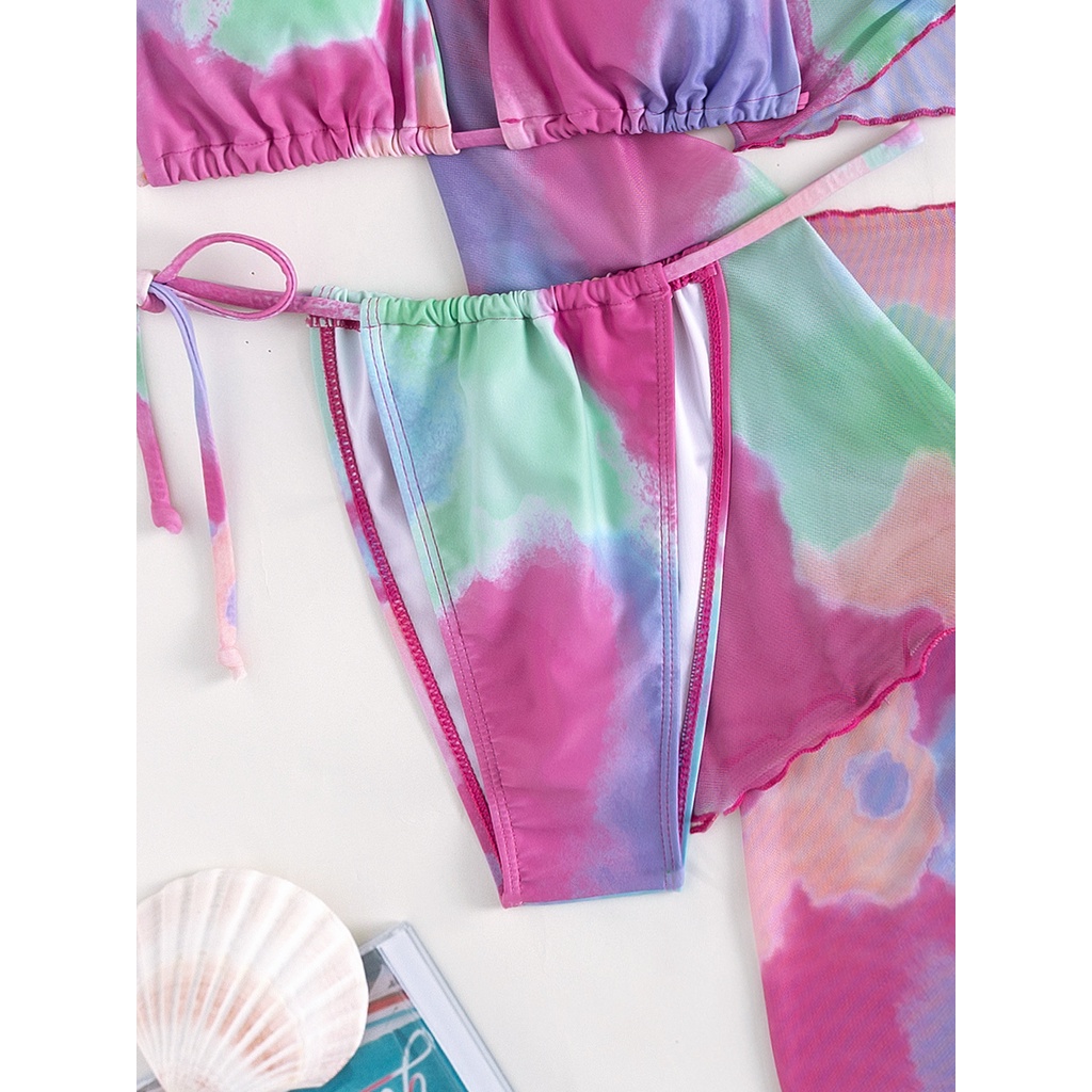 Bộ Đồ Bơi Bốn Mảnh Họa Tiết Màu Nhuộm Phong Cách Ins Gợi Cảm