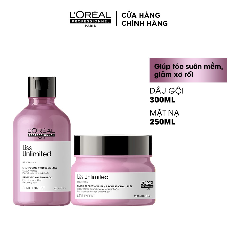 Combo gội và mặt nạ giúp tóc suôn mềm, giảm xơ rối L'Oréal Professionnel Serie Expert Liss Unlimited