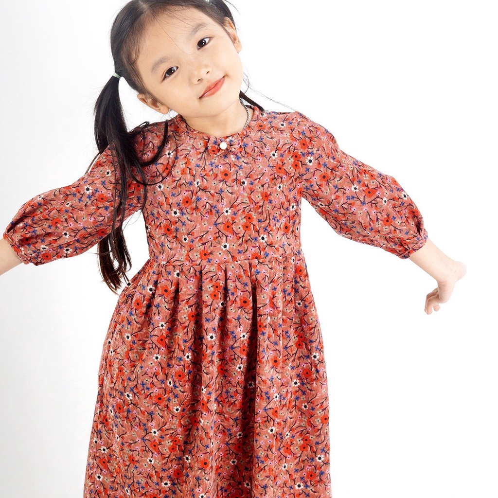 Váy bé gái SAYME đầm nhung tăm thu đông dáng xòe xếp ly hoa nhí GCDR0039-40