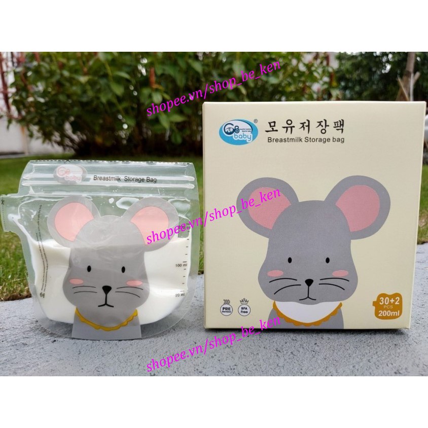 5 Túi/ Hộp 32 Túi trữ sữa GB Baby 200ml có vòi hình chuột MICKEY G32V - Công nghệ Hàn Quốc