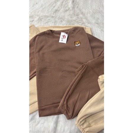 Set nỉ thêu chó shiba dài tay nữ - Bộ đồ ngủ quần ống bo gấu kèm áo sweater màu trắng, nâu mặc ở nhà đẹp HOT TREND