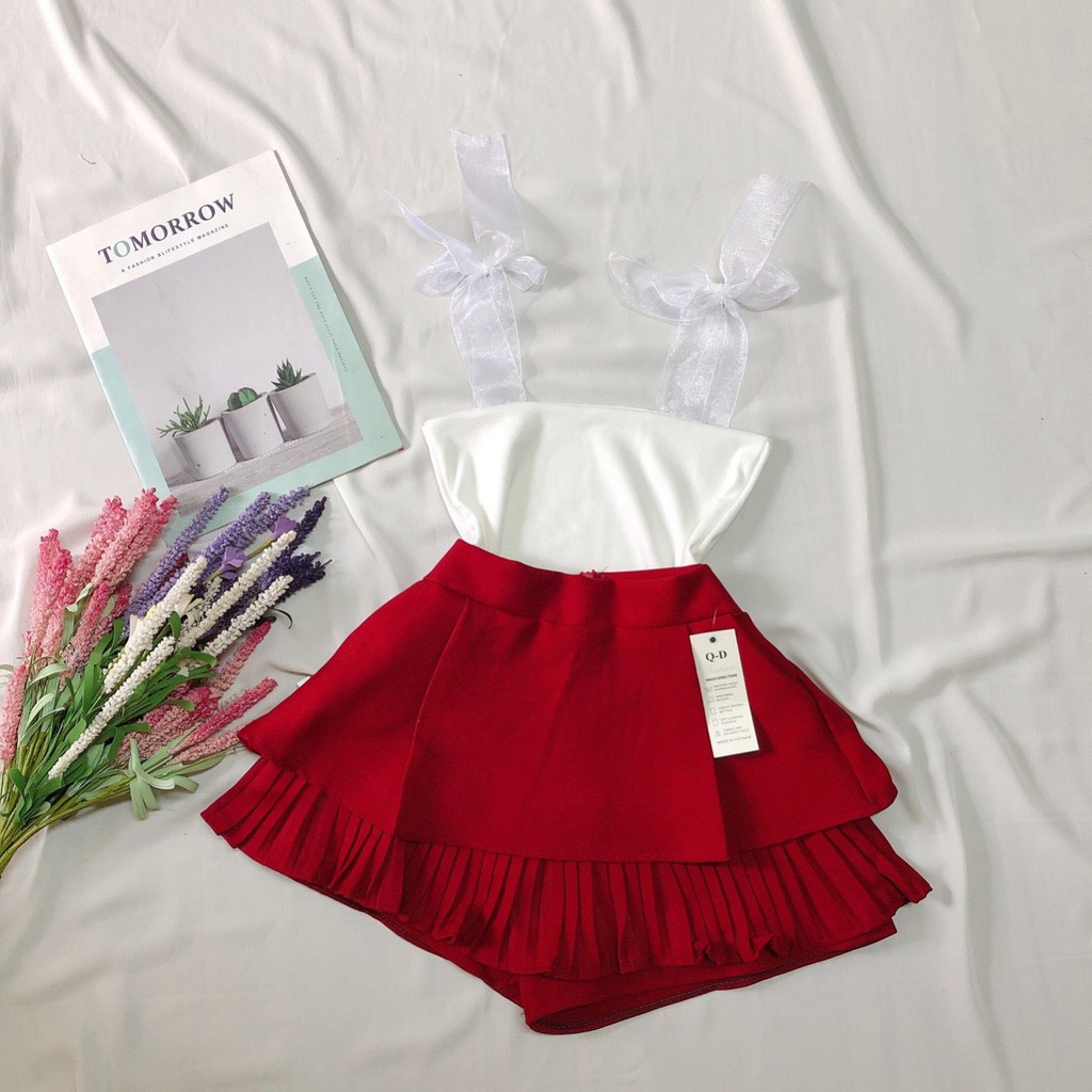set áo ruy băng chân váy dập ly dưới xinh ảnh thật xinh tươi