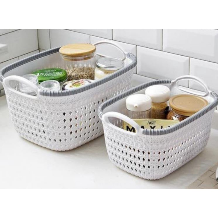 Giỏ Nhựa Hoa Ô Van - Rổ Nhựa Giả Đan Mây Có Quai Cầm 2 Size Màu Pastel Đẹp