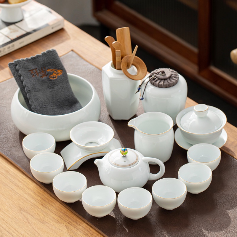 Bộ ấm chén pha trà đạo bằng sứ Bạch Định Thấu Quang 15 Chi Tiết như hình