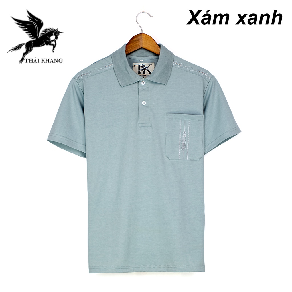 Áo thun nam có cổ trung niên tay lỡ THÁI KHANG vải cotton mềm có túi form rộng thêu vai ATHUN19