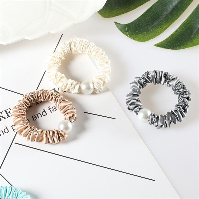 Dây cột tóc scrunchies vải phi bóng đính châu trắng nhiều màu pastel S28