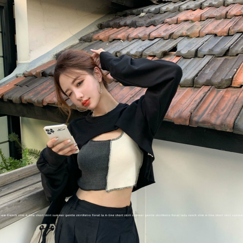 Set áo thun tay dài màu đen + áo khoác không tay phong cách Hàn Quốc | BigBuy360 - bigbuy360.vn