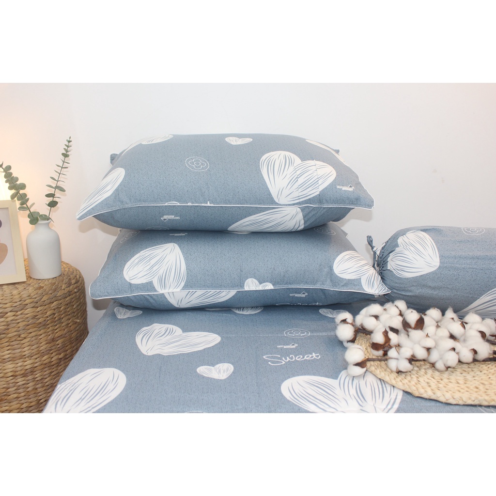 Bộ drap gối Cotton TL  - Tim Nền Xám - chất vải  COTTON loại 1 dầy dặn, mềm mại, mát mẻ.