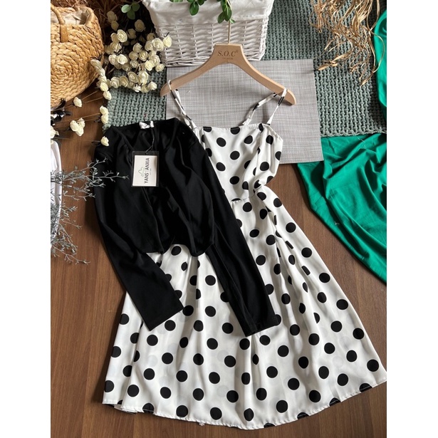 Set đầm 2 dây bi kèm khoác