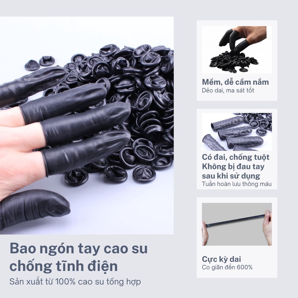 Bao ngón tay cao su chống tĩnh điện phòng sạch, Bao ngón tay làm nail, màu ĐEN