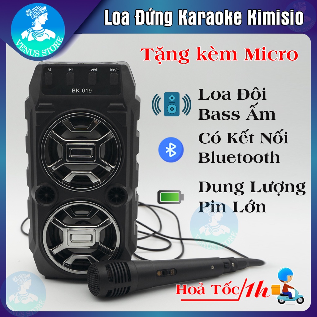 Loa Karaoke Bluetooth Âm Thanh Cực Hay Có Đèn LED Nháy Theo Nhạc- Loa Kẹo Kéo Kimiso Sừng Đôi BK19 Tặng Kèm Mic Hát