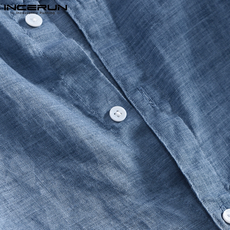 INCERUN Áo sơ mi nam ngắn tay cổ chữ V thoáng khí hợp thời trang