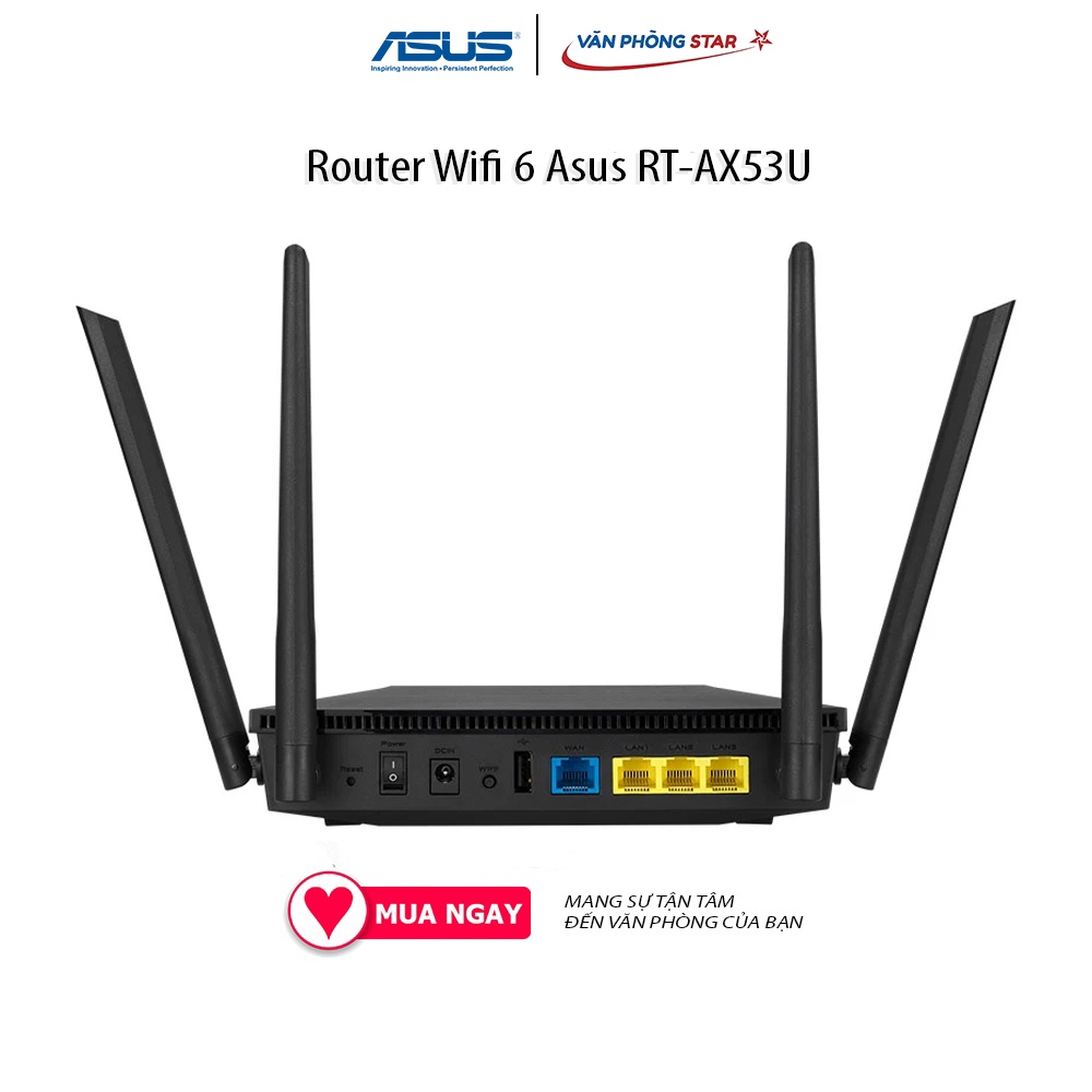 Router Wifi 6 Asus RT-AX53U Băng tần 2.4 GHz / 5 GHz Chuẩn kết nối: 802.11 a/b/g/n/ac/ax 2.4GHz 574Mbps 5.0GHz:1201Mbps