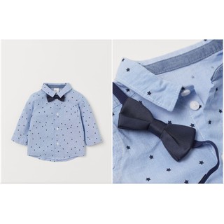 Áo somi sơ mi kẻ xanh kèm nơ star HM H&M size 9-12, 12-18, 18-24m, 2-3y_hàng chính hãng authentic