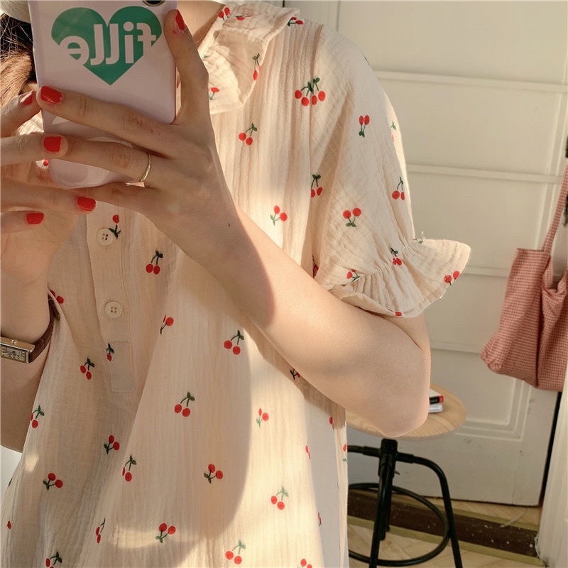 [CÓ SẴN] Váy ngủ cherry dáng dài cộc tay hoa nhí mặc nhà dễ thương chất mát Hàn Quốc ullzang | BigBuy360 - bigbuy360.vn