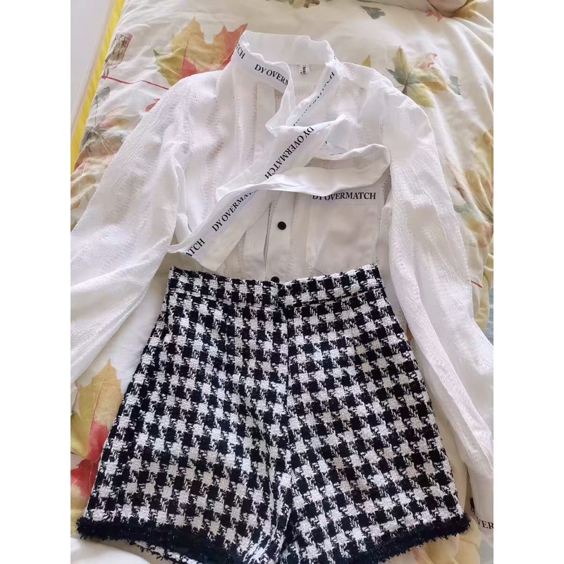 Áo sơ mi ren thắt nơ tay dài kèm quần dạ lưng cạp cao( KÈM ẢNH THẬT) | BigBuy360 - bigbuy360.vn