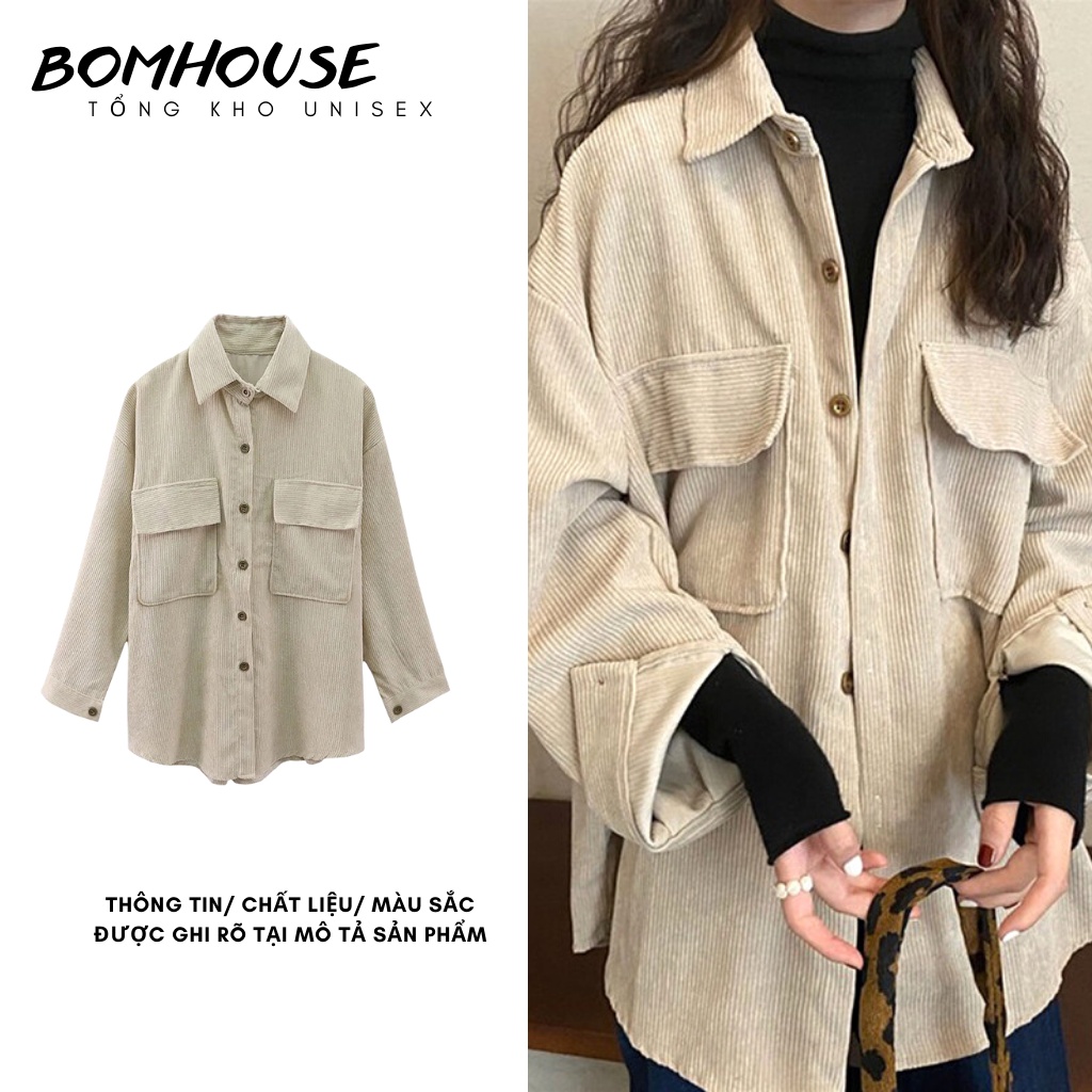 Áo Khoác Sơ Mi Nhung Tăm Nam Nữ Trơn 4 Màu Ulzzang Unisex BOM HOUSE