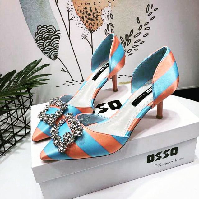 Giày cao gót OSSO chính hãng lụa satin sọc cam xanh tag đá 7cm 36 37 38