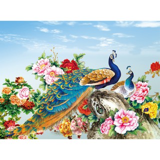 [CÓ IN THEO YÊU CẦU] Tranh dán tường 3D chim công - khổng tước/ Tích hợp keo sẵn
