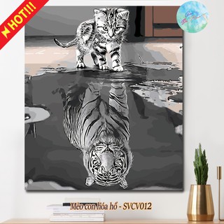 Tranh sơn dầu số hóa có khung DIY tự tô MÈO CON HÓA HỔ SVCV012 ( Tranh canvas treo tường phòng khách đẹp con mèo và hổ )