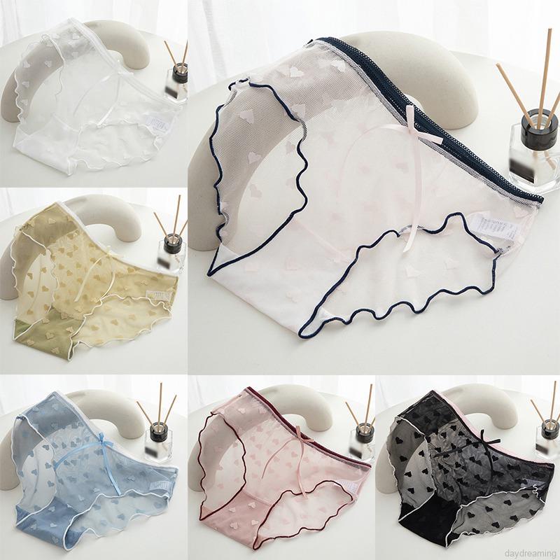 Quần lót cotton mỏng lưng vừa phối ren họa tiết trái tim dễ thương cho nữ