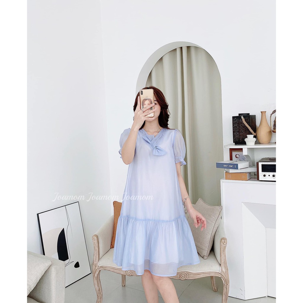 Váy đầm bầu cổ nơ xếp chéo cách điệu tơ 2 lớp thích hợp đi làm đi chơi