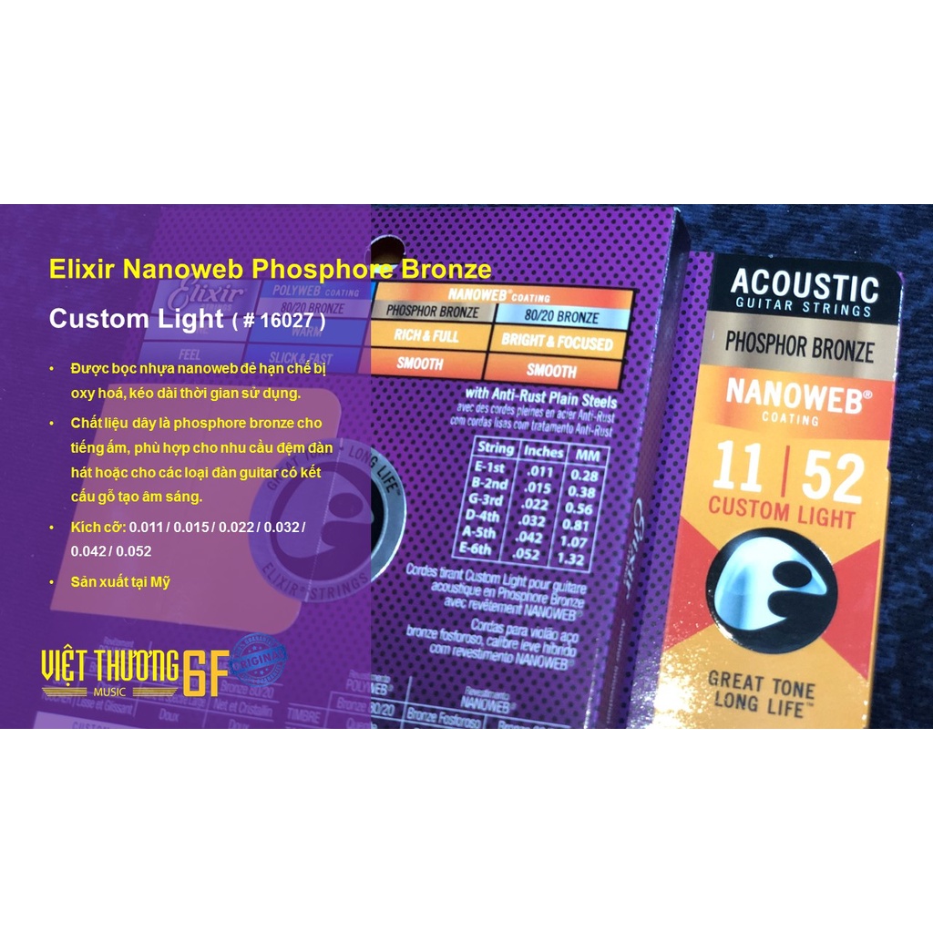 Bộ dây đàn guitar thùng  nhập khẩu chính hãng Elixir