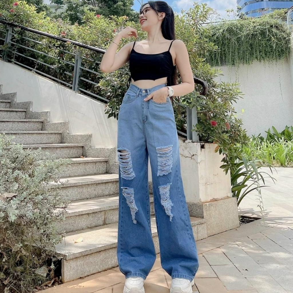 Quần Jean nữ ống suông cạp cao loang màu rách gối, chất bò dày dặn, không nhăn, không xù khi giặt MT5181 | BigBuy360 - bigbuy360.vn