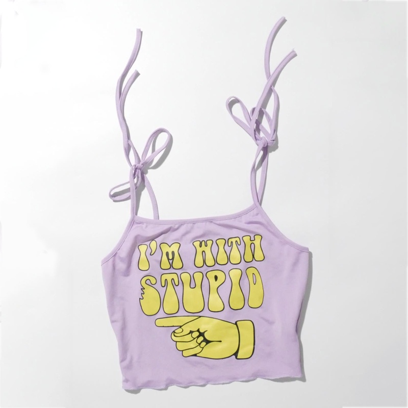 Brroa Áo Crop Top Hai Dây Phối Bèo In Chữ Vui Nhộn Phong Cách Harajuku Mùa Hè Cho Nữ