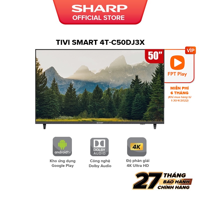 [Mã ELBAU7 giảm 7% đến 1TR][New model] TV LED 4K 50inch Sharp 4T-C50DJ3X SX Thái Lan [Android 10, có Giọng Nói]