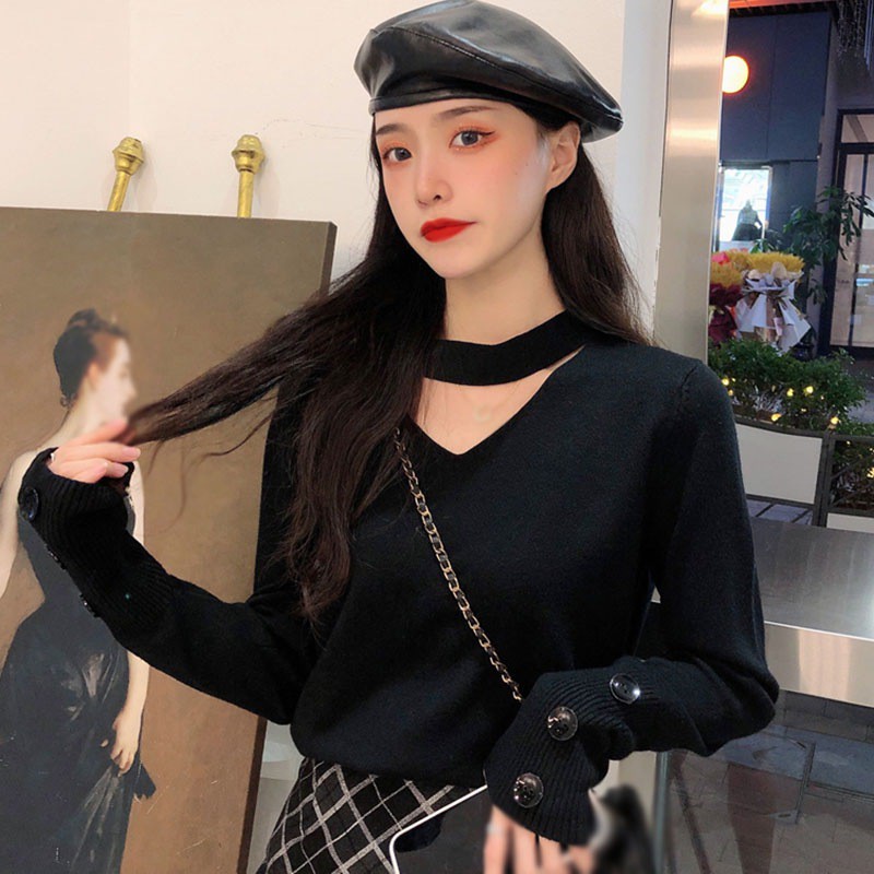 Áo Sweater Nữ Tay Dài Cổ Chữ V Dáng Rộng Phong Cách Retro