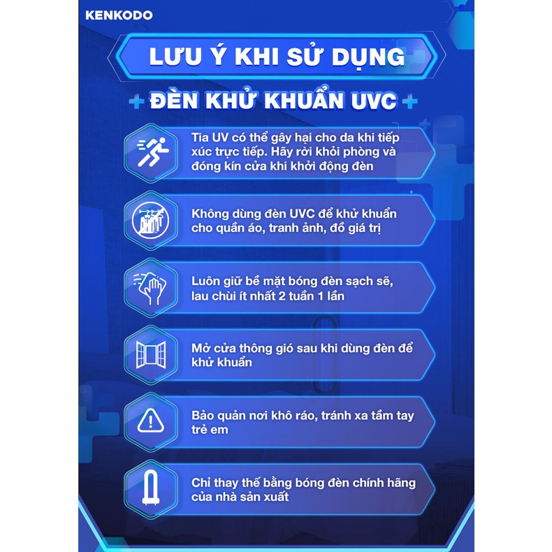 Đèn uv diệt khuẩn KENKODO 38W 9000H, đèn tia cực tím diệt khuẩn với tính năng khử khuẩn Ozone O3