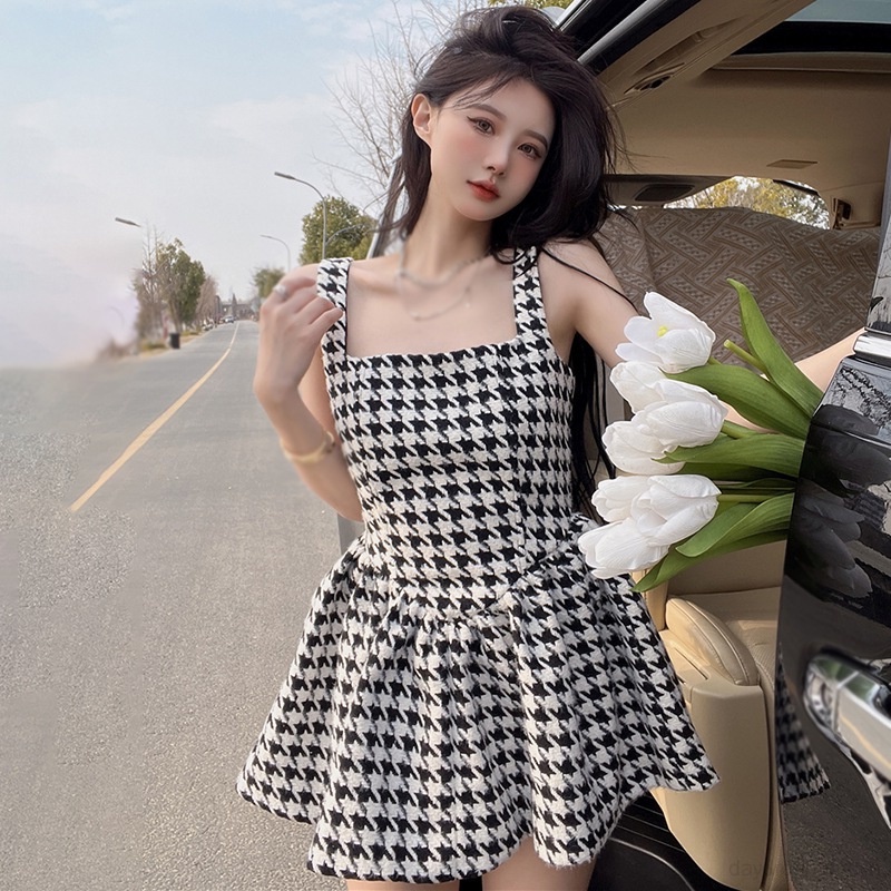 Đầm Ngắn Hai Dây Họa Tiết Houndstooth Thời Trang Mùa Hè Dành Cho Nữ