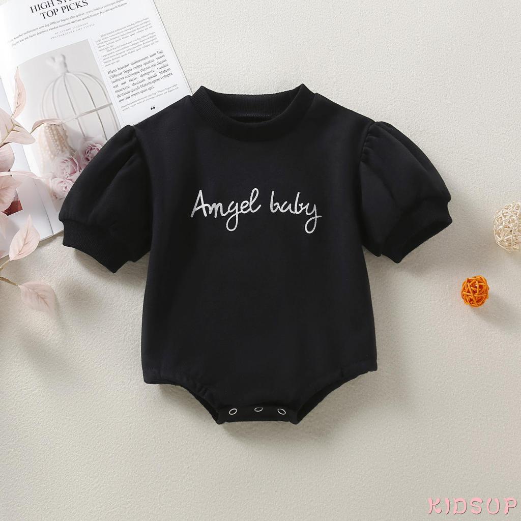 Bộ áo liền quần cổ tròn tay ngắn in chữ thời trang mùa hè cho bé