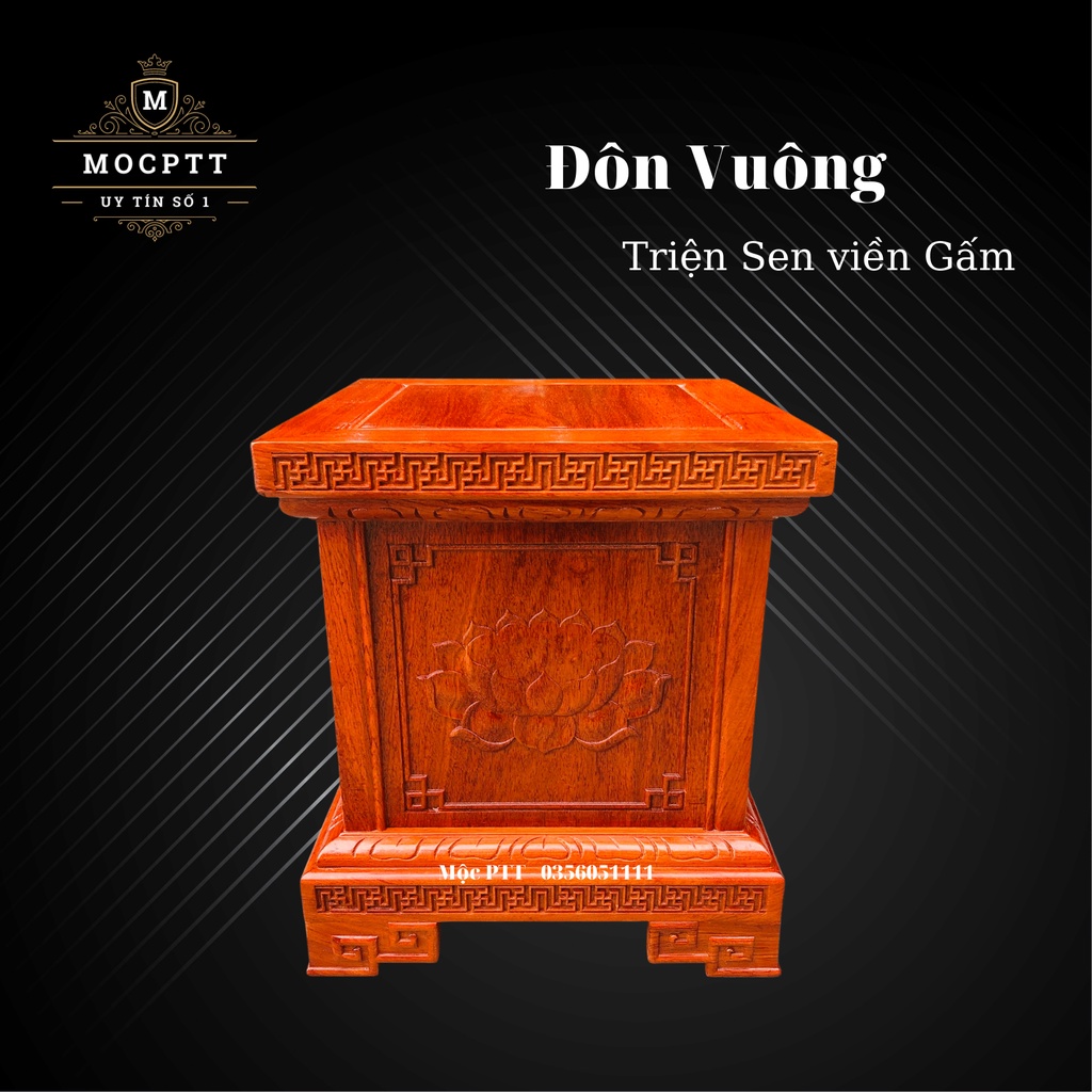 Đế Vuông , Đôn vuông triện Sen viền gấm gỗ Hương đá kích thước Mặt 25 30 35 40 cao 30 cm trang trí nhà cửa