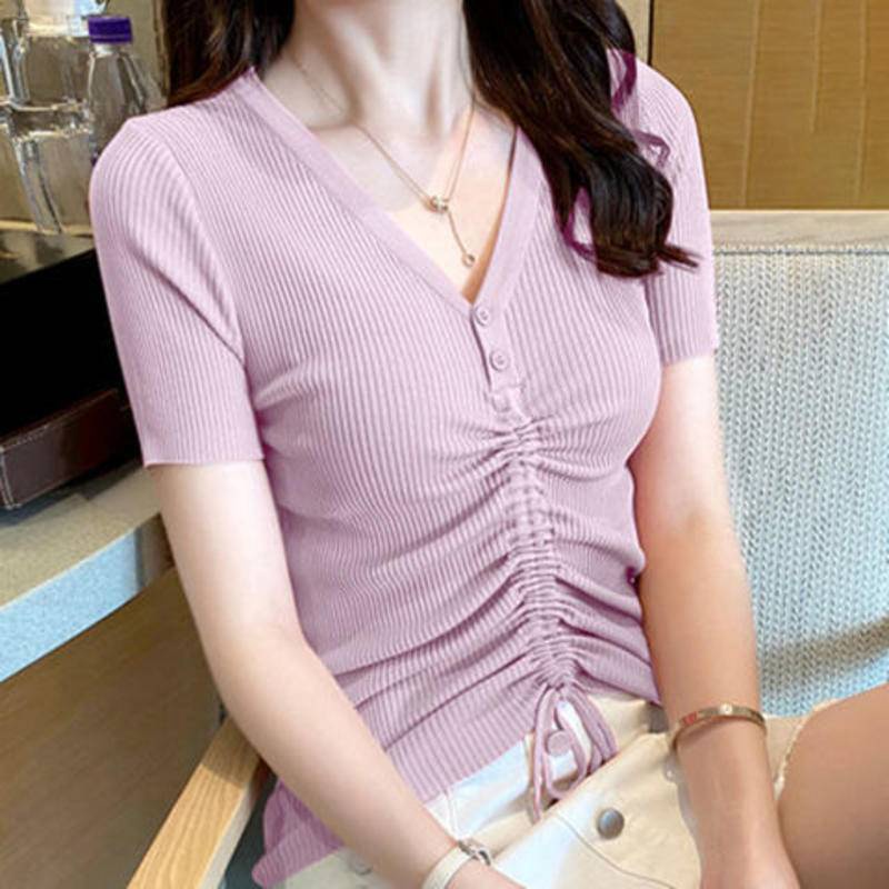 Áo Thun Tay Ngắn Cổ Chữ V Thiết Kế Dây Rút Thời Trang Mới Cho Nữ 2022