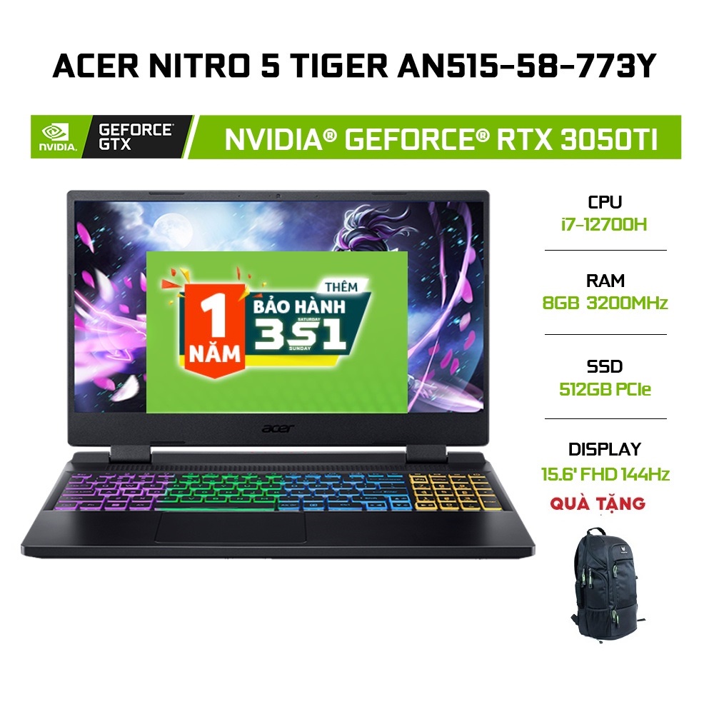 Laptop Acer Nitro 5 Tiger AN515-58-773Y i7-12700H|8GB|512GB|RTX™ 3050Ti|15.6'FHD144Hz|W11