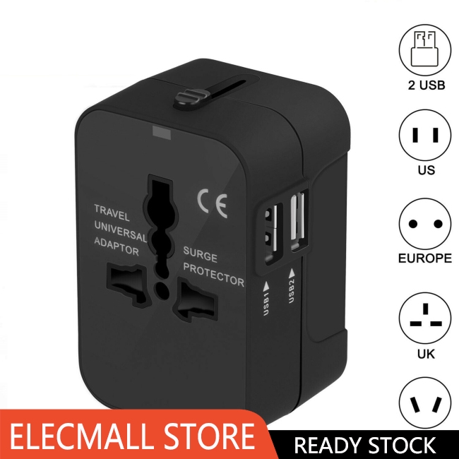 Universal Travel Adapter International Power Outlet Plug 2 USB