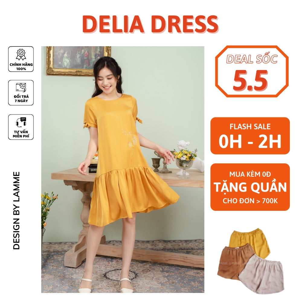 Đầm bầu đẹp Delia Dress chất lụa mềm mát cùng họa tiết thêu hoa phù hợp mặc đi làm by LAMME