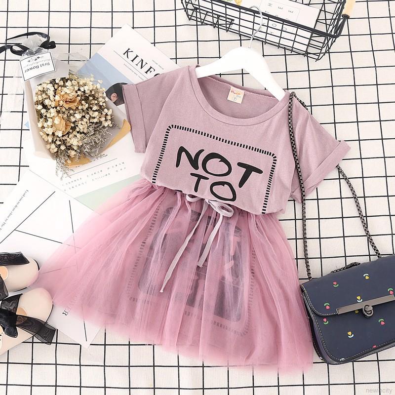 Đầm cotton ngắn tay , in họa tiết chữ cái cho bé gái