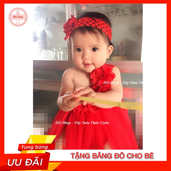 Đầm cho bé sơ sinh ❤️FREESHIP❤️ đầm công chúa đỏ sáu bông lệch quai cho bé 0-12 tháng tặng kèm băng đô