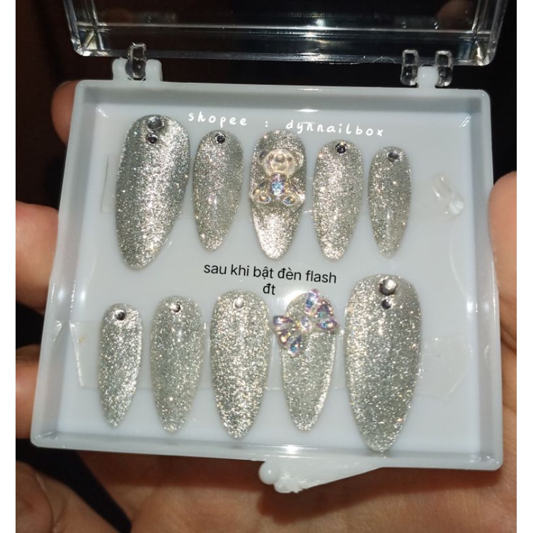 Móng tay giả nhũ flash kim tuyến  kèm keo và dũa