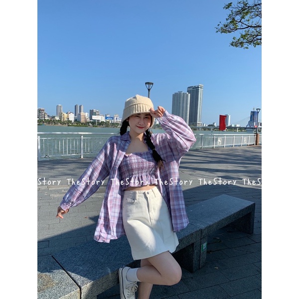 [STR] Set áo sơ mi caro mix 2 dây nhún S509