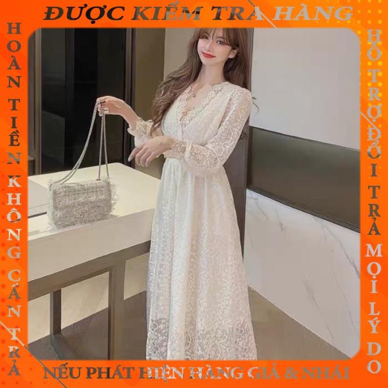 Váy ren trắng ngà tay bồng cổ V. Đầm công chúa đi tiệc cưới mnahan